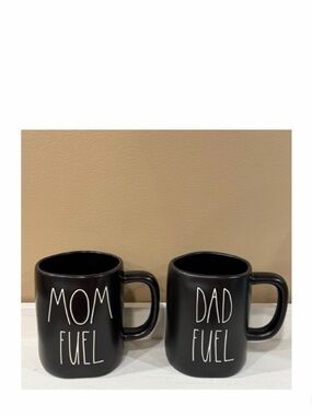 NEW Rae Dunn Black Dad Fuel & Mom Fuel Mug Set Coffee Tea Mugs Drinkware